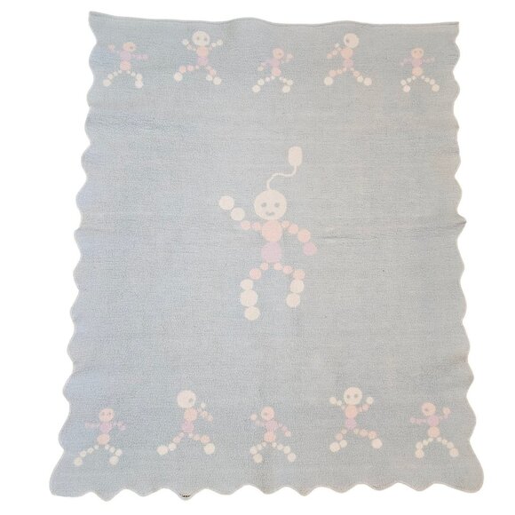 Vintage 1950s Baby Blanket Reversible Blue White Scalloped‎ Edge Circles Fleece - Picture 1 of 11